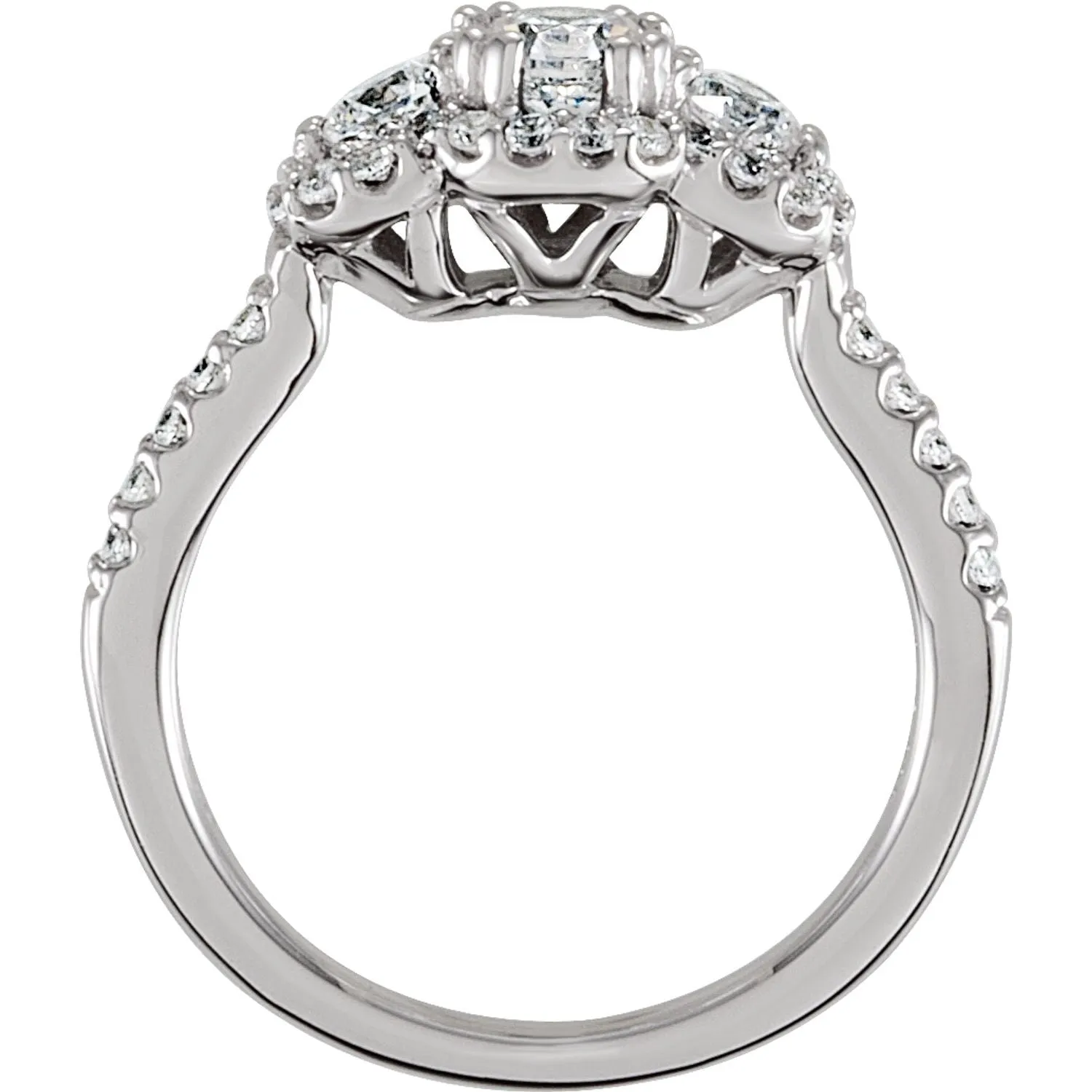 1.04 CTW Round Cut Cubic Zirconia | Sterling Silver Three Stone Halo Ring with Pave Band | Size 7