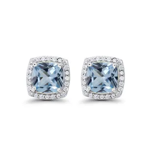 10k White Gold Plated 3 Ct Created Halo Princess Cut Aquamarine Stud Earrings