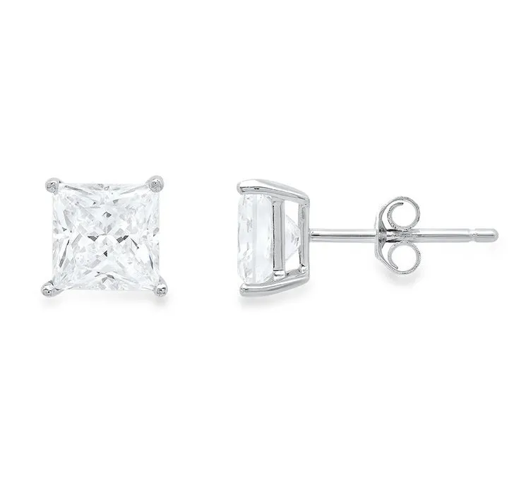 10k White Gold Plated Created White Sapphire 2Ct Princess Cut Stud Earrings