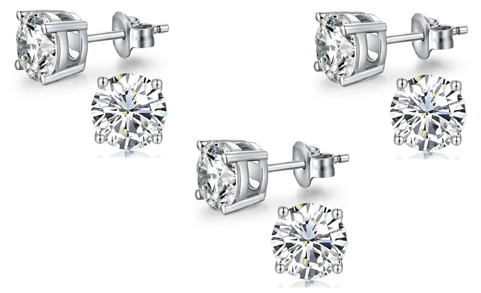 10k White Gold Plated Created White Sapphire 3Ct Round Pack of Three Stud Earrings