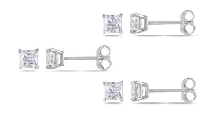 10k White Gold Plated Created White Sapphire 3Ct Square Cut Set of Three Stud Earrings
