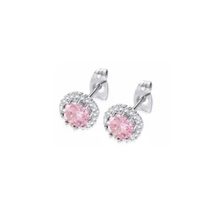 14k White Gold Plated 1/2 Ct Created Halo Round Pink Sapphire Stud Earrings