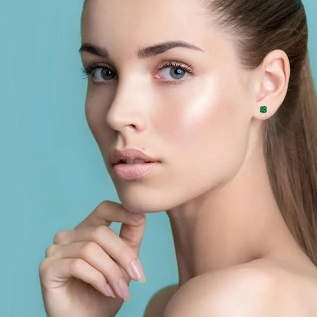 14k White Gold Plated 1/2 Ct Princess Cut Created Emerald Stud Earrings
