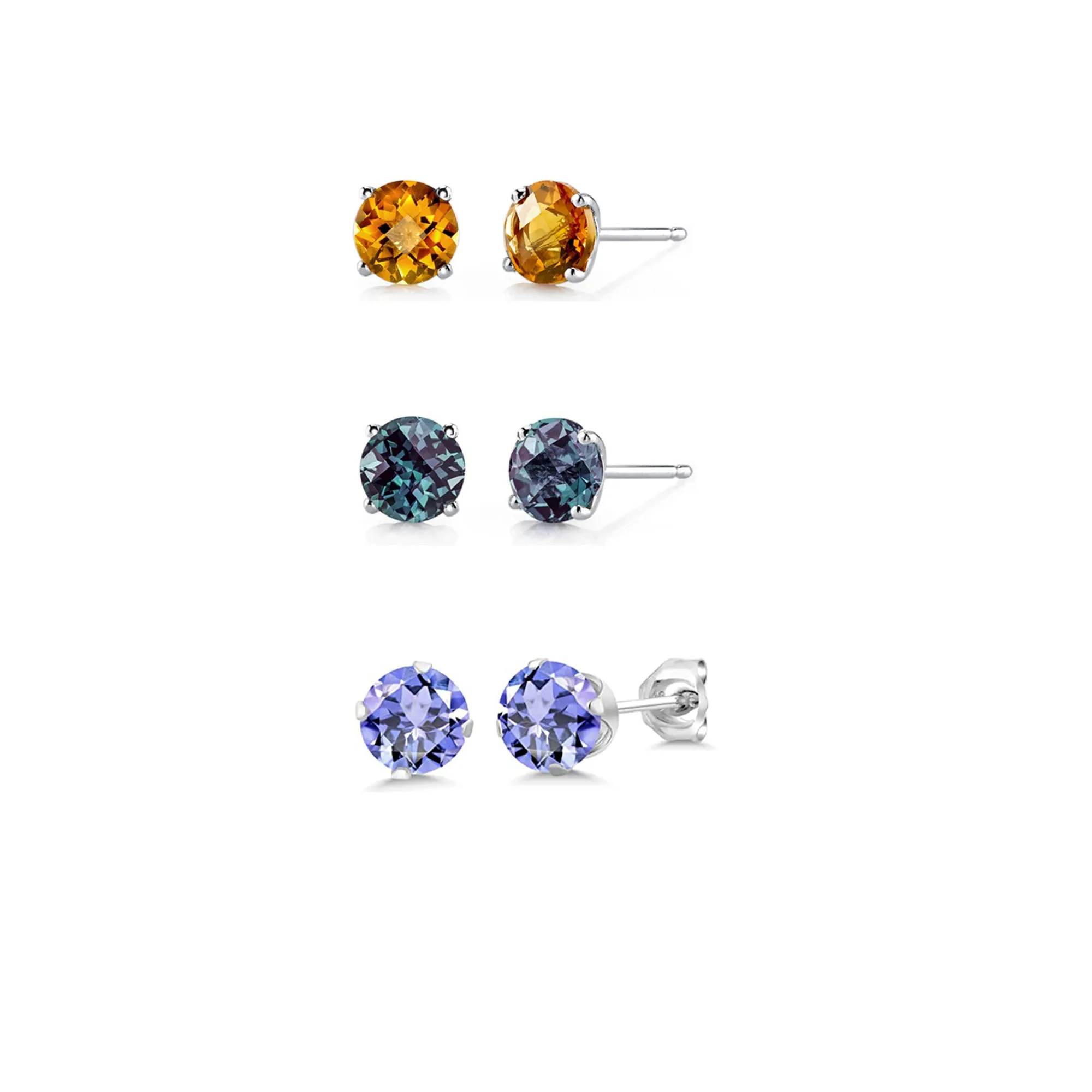 14k White Gold Plated 1/2Ct Created Citrine, Alexandrite and Tanzanite 3 Pair Round Stud Earrings