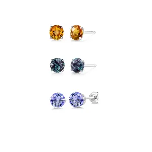 14k White Gold Plated 1/2Ct Created Citrine, Alexandrite and Tanzanite 3 Pair Round Stud Earrings