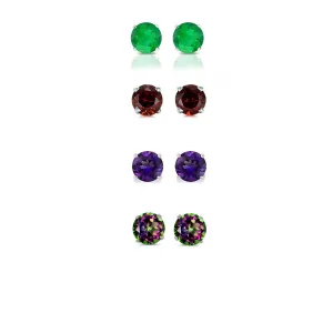 14k White Gold Plated 1/2Ct Created Emerald, Garnet, Amethyst and Mystic Topaz 4 Pair Round Stud Earrings