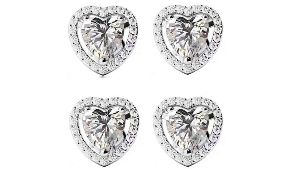 14k White Gold Plated 1/2Ct Heart White Sapphire Set of Two Halo Stud Earrings