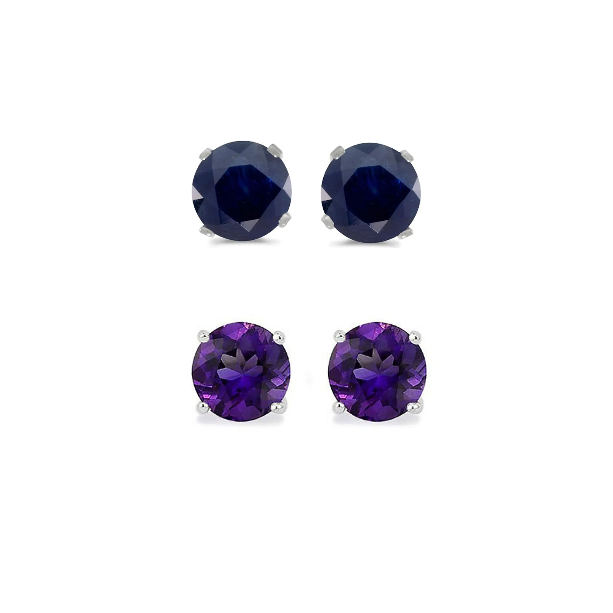 14k White Gold Plated 1Ct Created Black Sapphire and Amethyst 2 Pair Round Stud Earrings