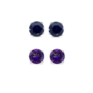 14k White Gold Plated 1Ct Created Black Sapphire and Amethyst 2 Pair Round Stud Earrings