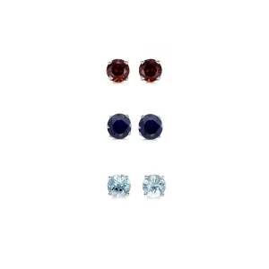 14k White Gold Plated 1Ct Created Garnet, Black Sapphire and Aquamarine 3 Pair Round Stud Earrings
