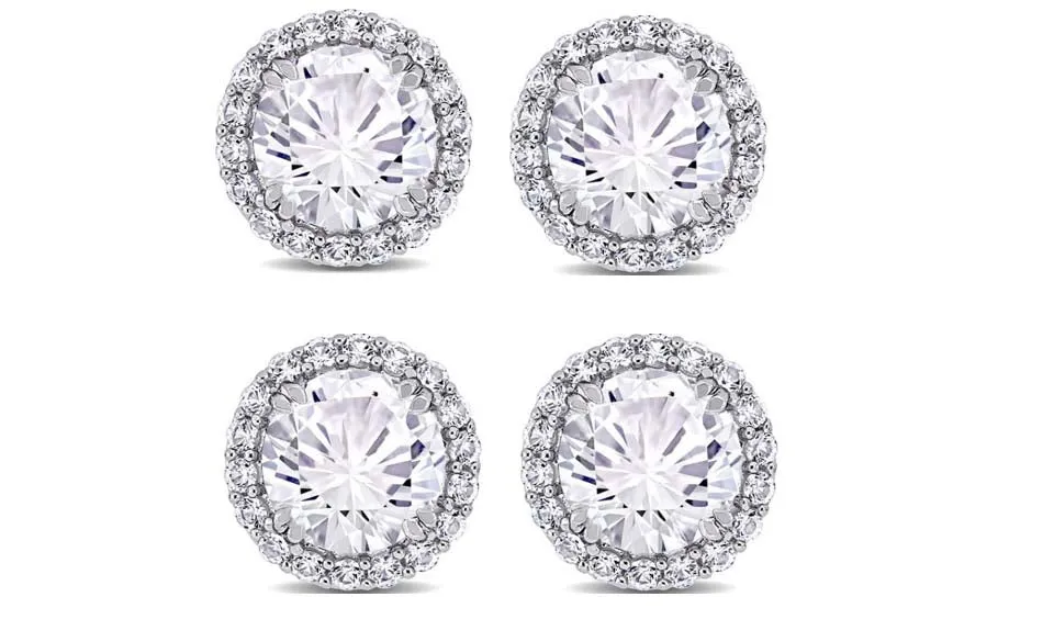 14k White Gold Plated 1Ct Round White Sapphire Set Of Two Halo Stud Earrings