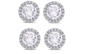 14k White Gold Plated 1Ct Round White Sapphire Set Of Two Halo Stud Earrings