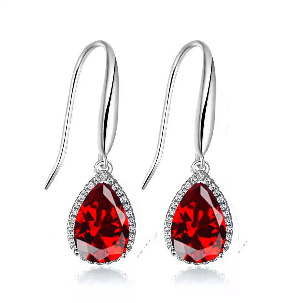 14k White Gold Plated 3 Ct Created Garnet Teardrop Earrings