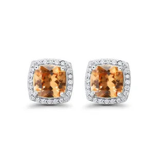 14k White Gold Plated 3 Ct Created Halo Princess Cut Citrine Stud Earrings