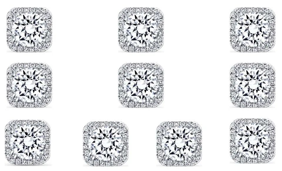 14k White Gold Plated 4mm 2Ct Square Cut White Sapphire Set of Five Halo Stud Earrings