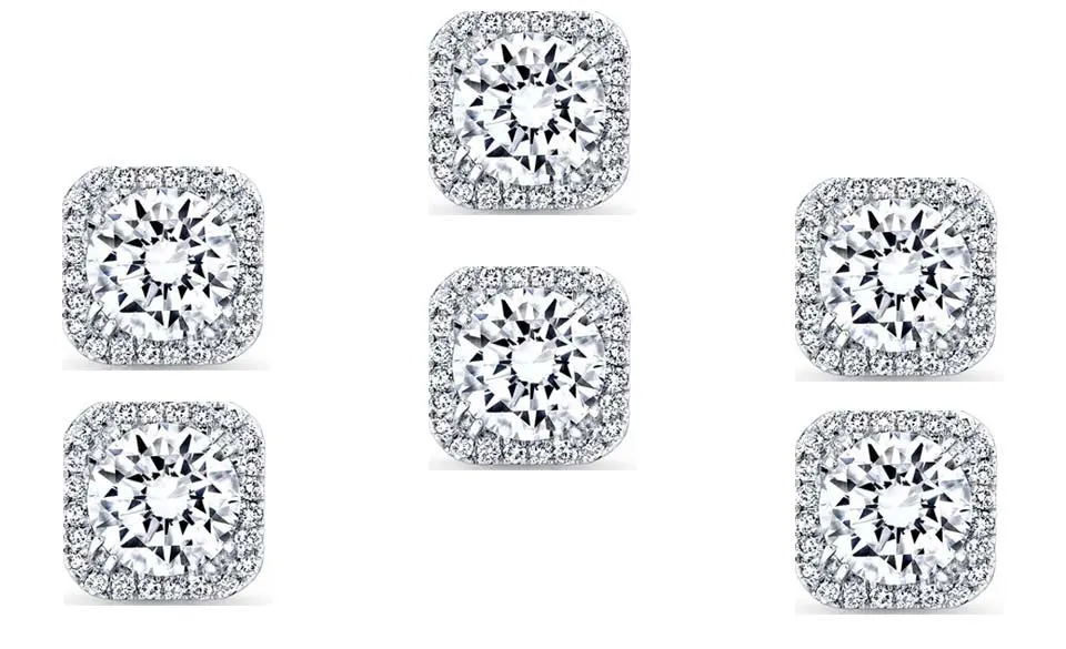 14k White Gold Plated 4mm 2Ct Square Cut White Sapphire Set of Three Halo Stud Earrings