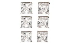 14k White Gold Plated 4mm 3Ct Square Cut White Sapphire Set Of Three Stud Earrings