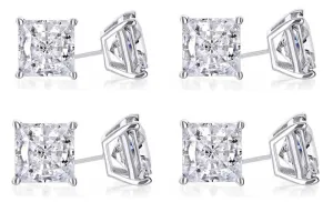 14k White Gold Plated 4mm 4Ct Princess Cut White Sapphire Set Of Four Stud Earrings