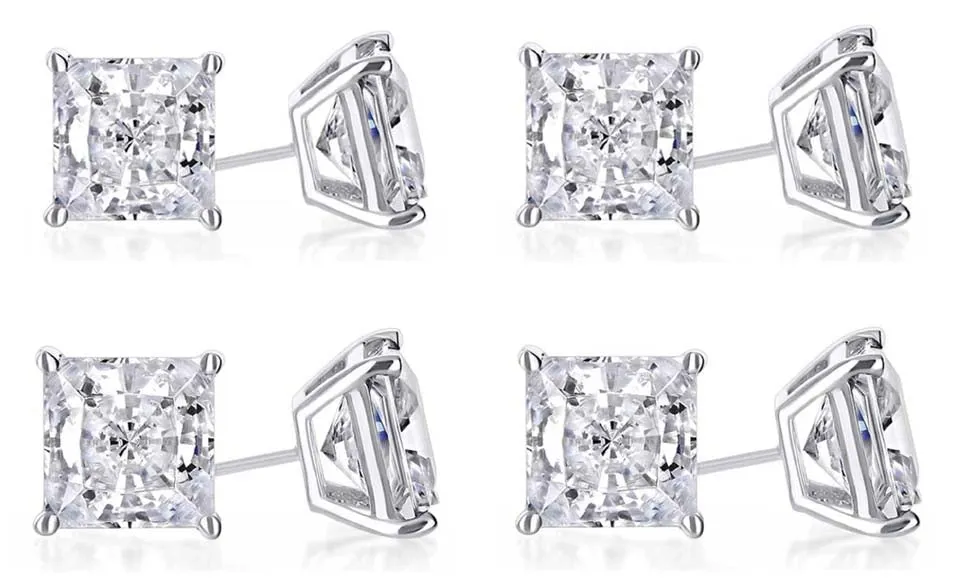 14k White Gold Plated 4mm 4Ct Princess Cut White Sapphire Set Of Four Stud Earrings