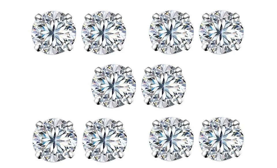 14k White Gold Plated 4mm 4Ct Round White Sapphire Set Of Five Stud Earrings
