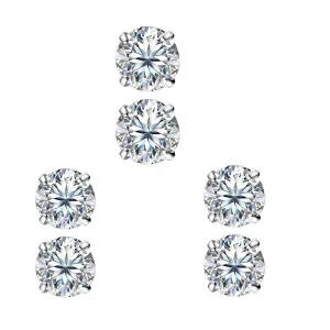 14k White Gold Plated 4mm 4Ct Round White Sapphire Set Of Three Stud Earrings