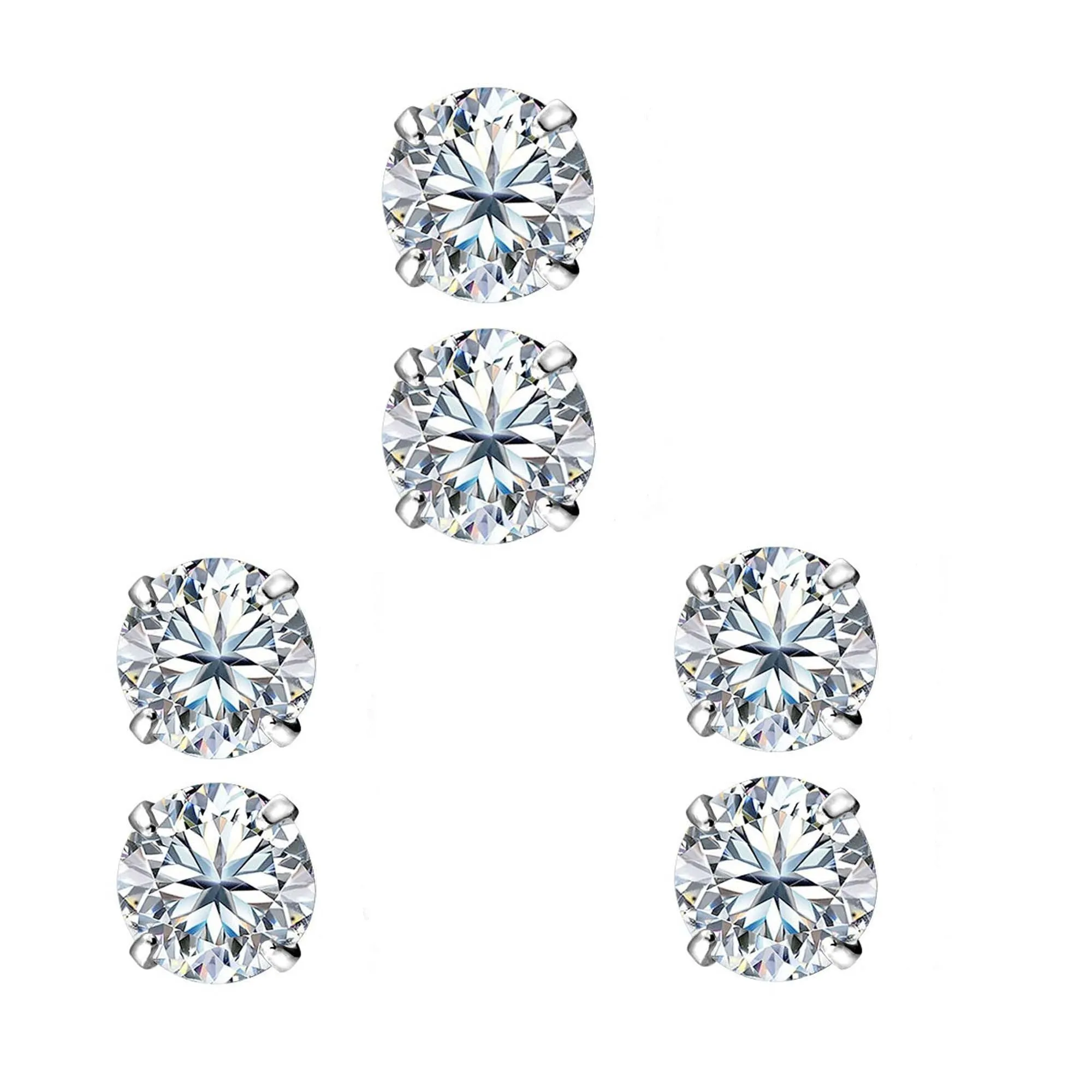 14k White Gold Plated 4mm 4Ct Round White Sapphire Set Of Three Stud Earrings