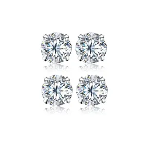 14k White Gold Plated 6mm 1Ct Round White Sapphire Set Of Two Stud Earrings