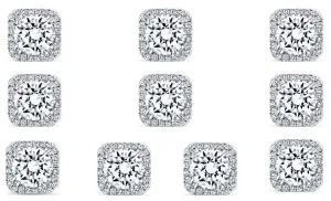 14k White Gold Plated 6mm 1Ct Square Cut White Sapphire Set of Five Halo Stud Earrings