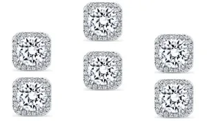 14k White Gold Plated 6mm 1Ct Square Cut White Sapphire Set of Three Halo Stud Earrings