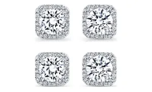 14k White Gold Plated 6mm 2Ct Square Cut White Sapphire Set of Two Halo Stud Earrings