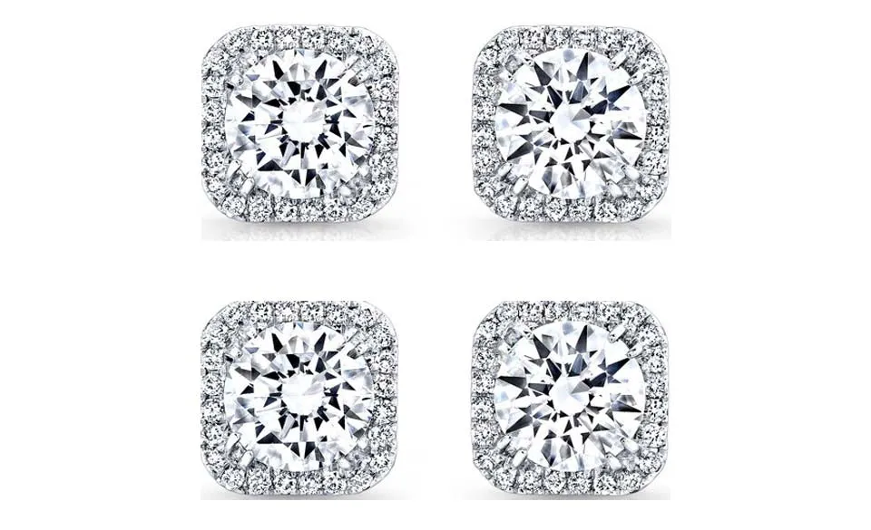 14k White Gold Plated 6mm 2Ct Square Cut White Sapphire Set of Two Halo Stud Earrings