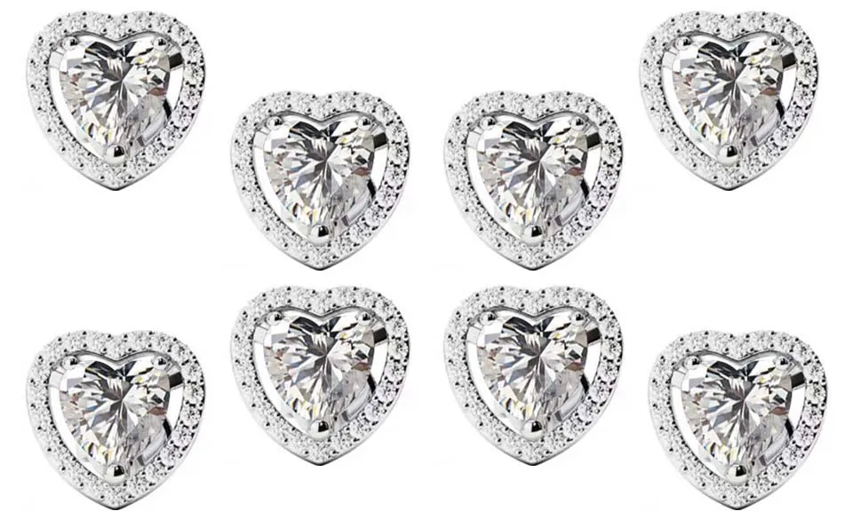 14k White Gold Plated 6mm 3Ct Heart White Sapphire Set of Four Halo Stud Earrings