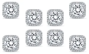 14k White Gold Plated 6mm 4Ct Square Cut White Sapphire Set of Four Halo Stud Earrings