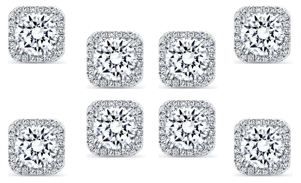 14k White Gold Plated 6mm 4Ct Square Cut White Sapphire Set of Four Halo Stud Earrings
