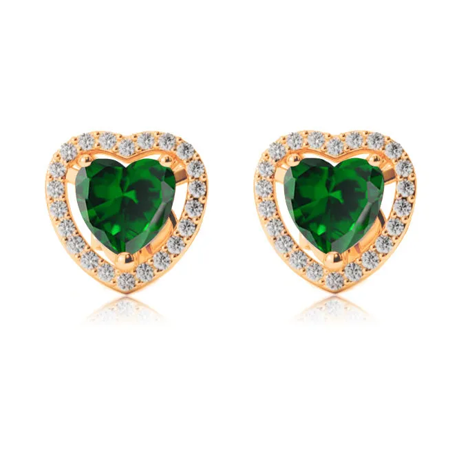 14k Yellow Gold Plated 1 Ct Created Halo Heart Emerald Stud Earrings