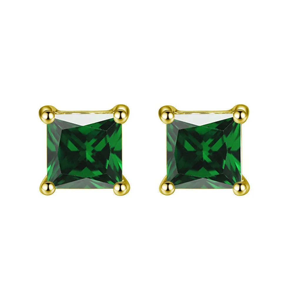 14k Yellow Gold Plated 1 Ct Square Created Emerald Stud Earrings