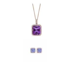 18K Rose Gold 2ct Halo Tanzanite Square 18 Inch Necklace and Halo Earrings Set Plated