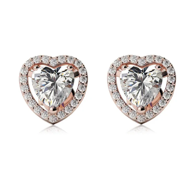 18k Rose Gold Plated 1/2 Ct Created Halo Heart White Sapphire Stud Earrings