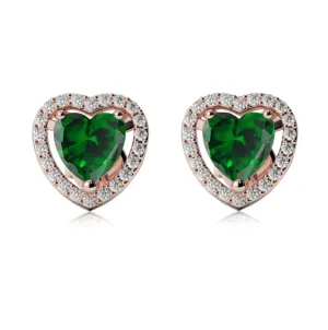 18k Rose Gold Plated 2 Ct Created Halo Heart Emerald Stud Earrings