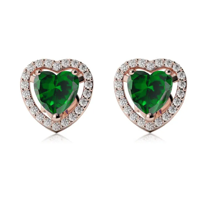 18k Rose Gold Plated 2 Ct Created Halo Heart Emerald Stud Earrings