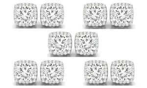 18k White Gold 1Ct Cushion Cut White Sapphire Set Of Five Halo Stud Earrings Plated