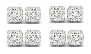 18k White Gold 6mm 3Ct Cushion Cut White Sapphire Set Of Four Halo Stud Earrings Plated