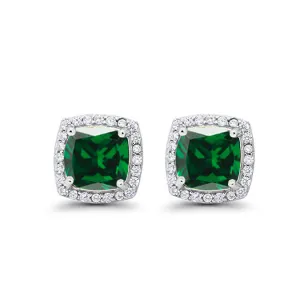 18k White Gold Plated 1 Ct Created Halo Princess Cut Emerald Stud Earrings