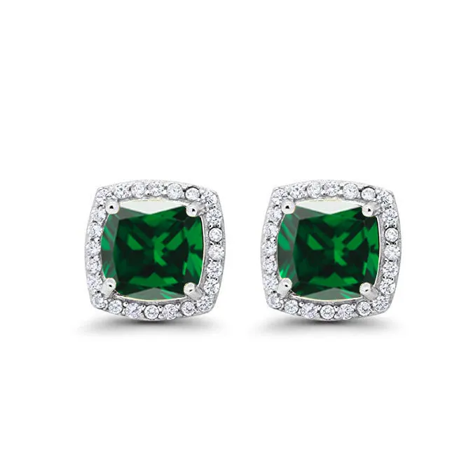 18k White Gold Plated 1 Ct Created Halo Princess Cut Emerald Stud Earrings