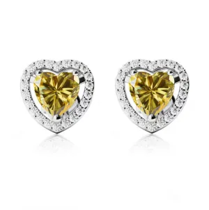18k White Gold Plated 1/2 Ct Created Halo Heart Yellow Sapphire Stud Earrings