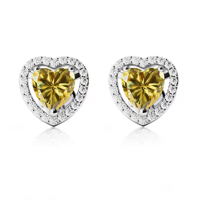 18k White Gold Plated 1/2 Ct Created Halo Heart Yellow Sapphire Stud Earrings