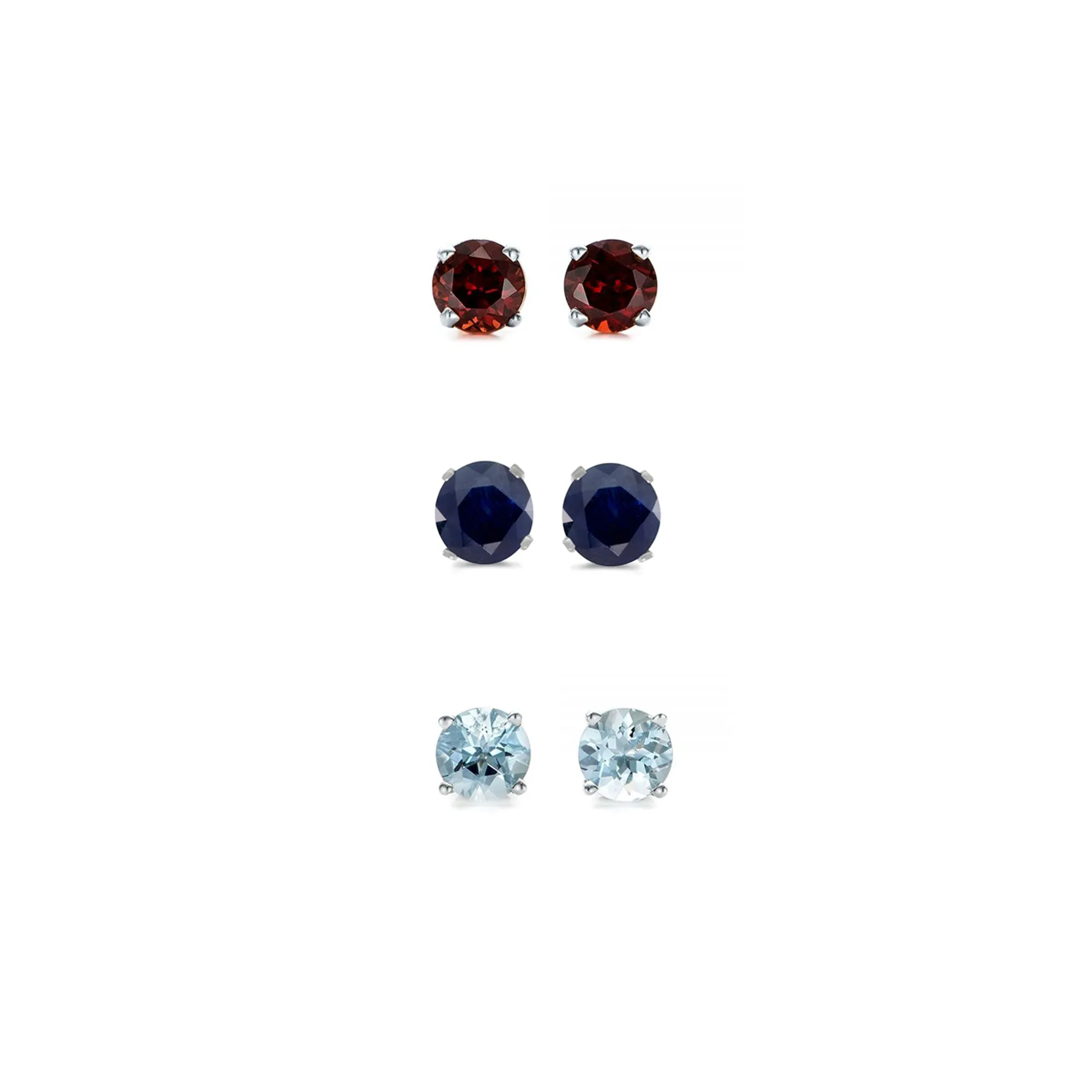 18k White Gold Plated 1/2Ct Created Garnet, Black Sapphire and Aquamarine 3 Pair Round Stud Earrings