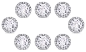 18k White Gold Plated 1/2Ct Round White Sapphire Set of Four Halo Stud Earrings