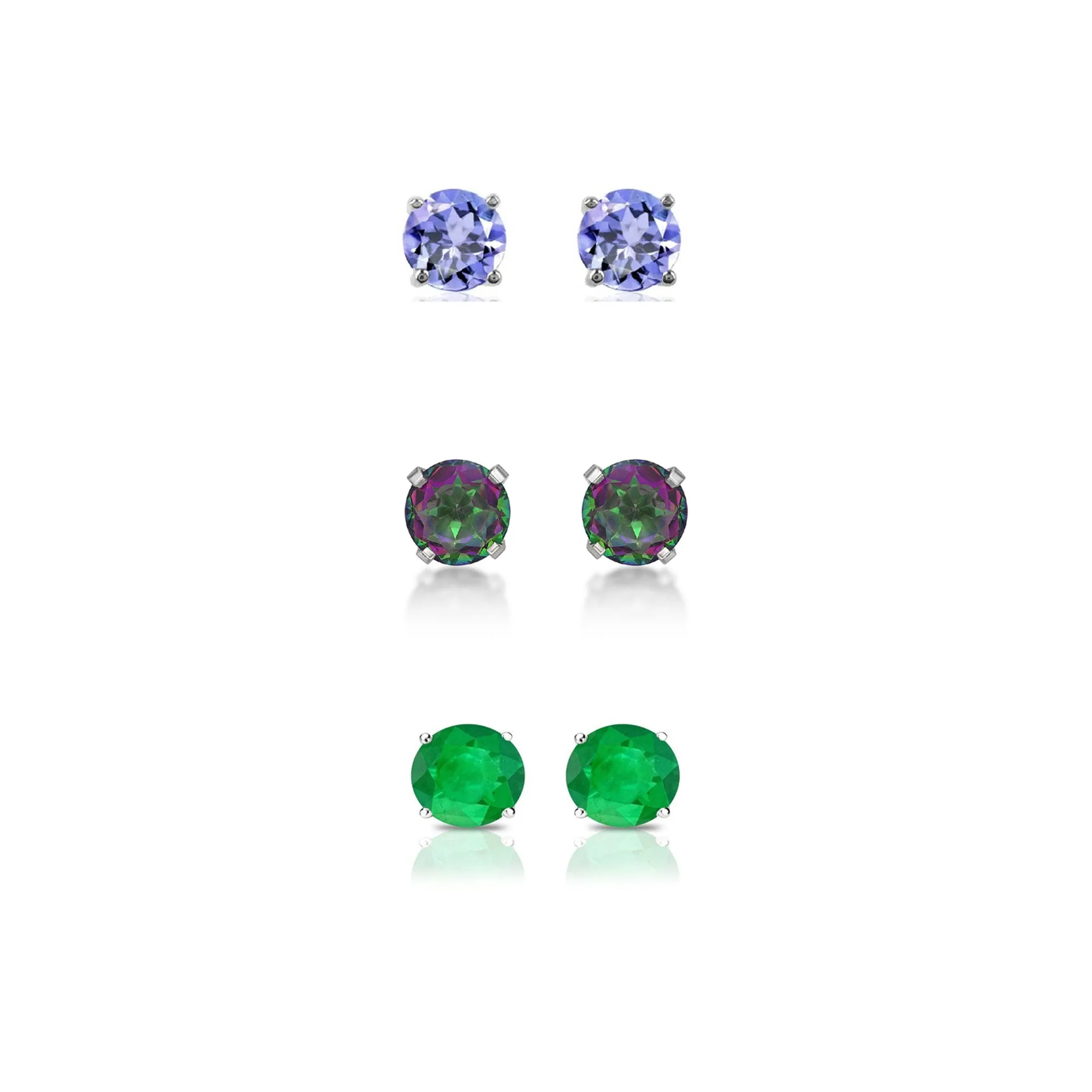 18k White Gold Plated 1Ct Created Tanzanite, Mystic Topaz and Emerald 3 Pair Round Stud Earrings