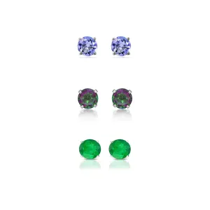 18k White Gold Plated 1Ct Created Tanzanite, Mystic Topaz and Emerald 3 Pair Round Stud Earrings